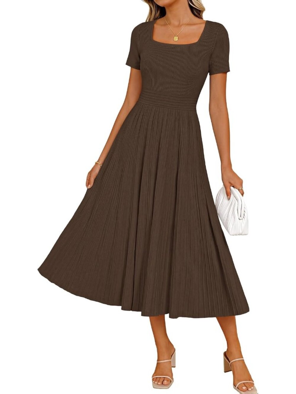 Women's Brown Short Sleeve Square Neck A LINE Imported MIDI Sweater Dress